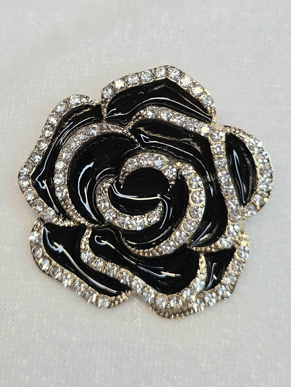 NEW Camellia Black Enamel Rhinestone Flower Brooch / Pin